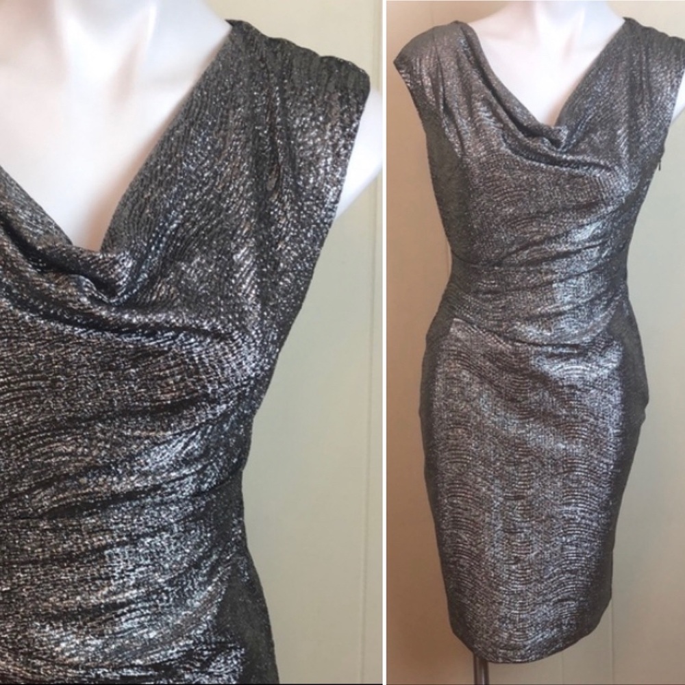 Vince Camuto Silver Metallic Cowl Neck Party Dress 4 Gathered Retro 6M9971